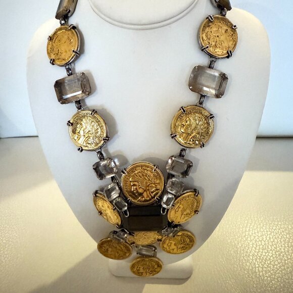 VINTAGE IRADJ MOINI COIN NECKLACE BROOCH ANTIQUE GOLD PLATED SMOKY QUARTZ - Picture 2 of 9